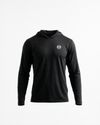 Black hoodie with a logo on the chest against a white background