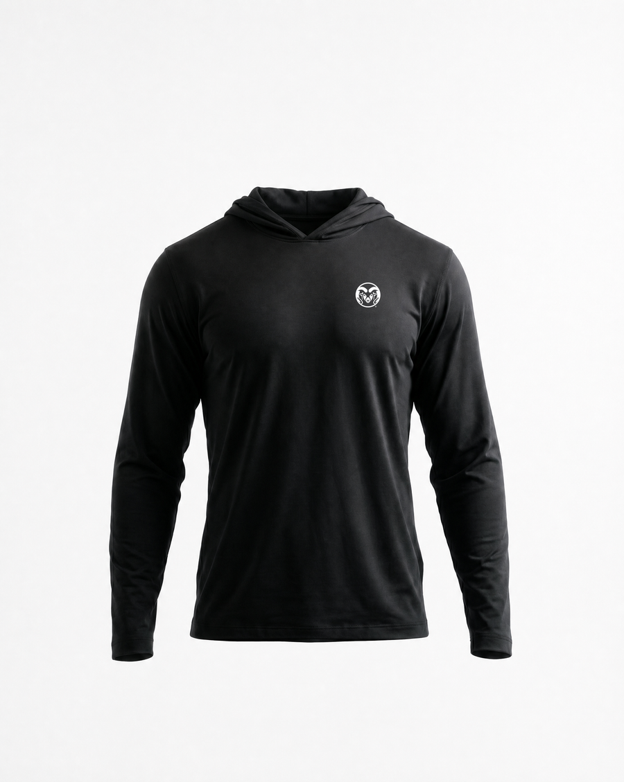 Black hoodie with a logo on the chest against a white background
