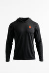 A black long-sleeve athletic hoodie with a small orange and white 'VT' logo on the left chest, displayed on a clean white background.
