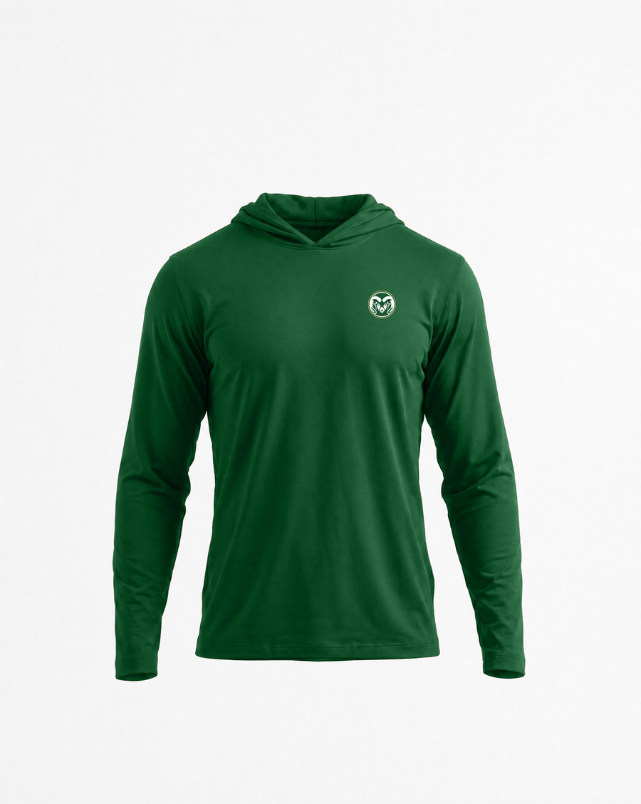 A dark green long-sleeve hooded shirt with a small white circular logo on the left chest, displayed on a clean white background.