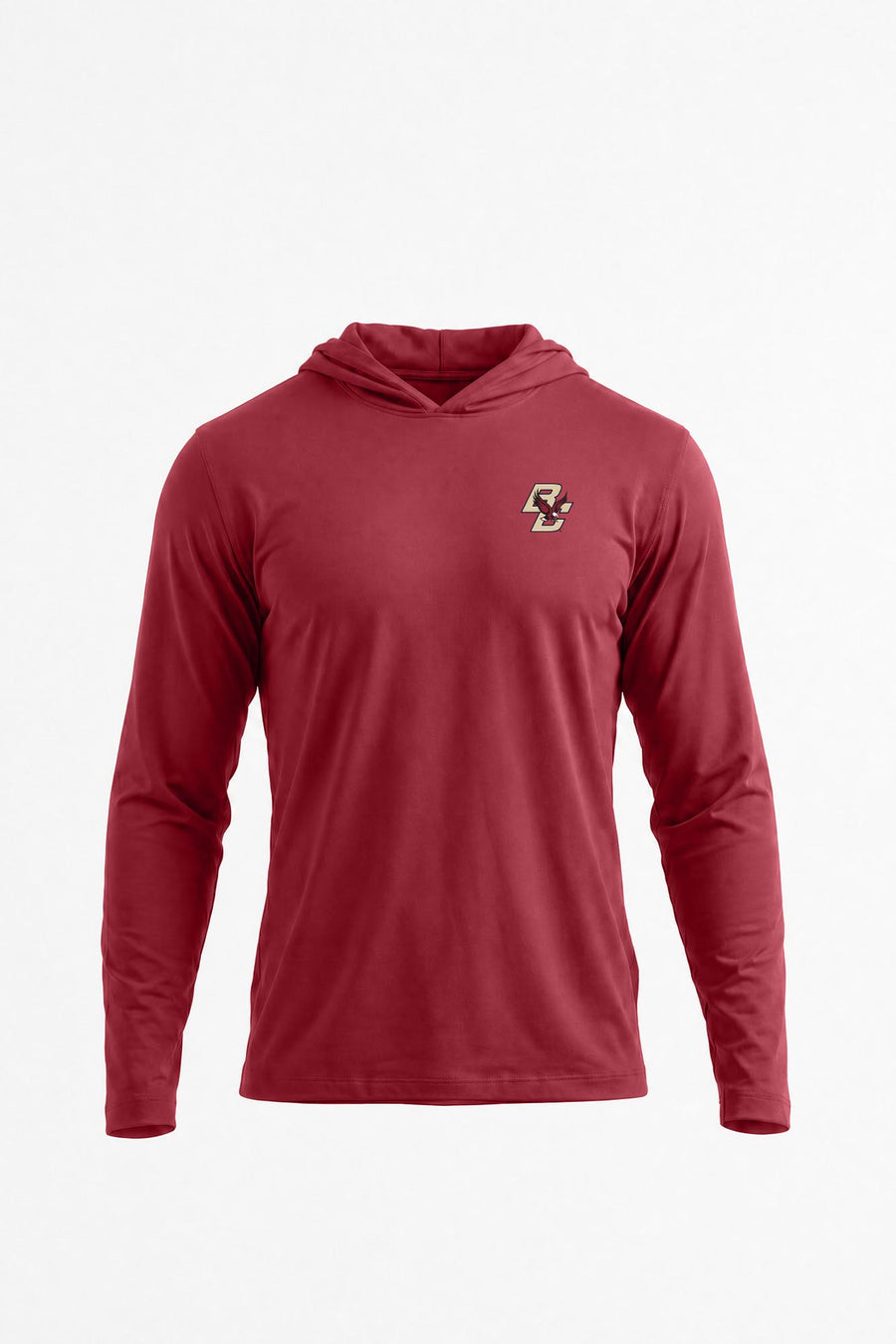 A maroon long-sleeve hooded athletic shirt with a small BC logo on the left chest, displayed on a clean white background.