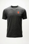 A dark heather gray short-sleeve crewneck t-shirt with a small orange block letter 'S' logo on the left chest, displayed on a clean white background.