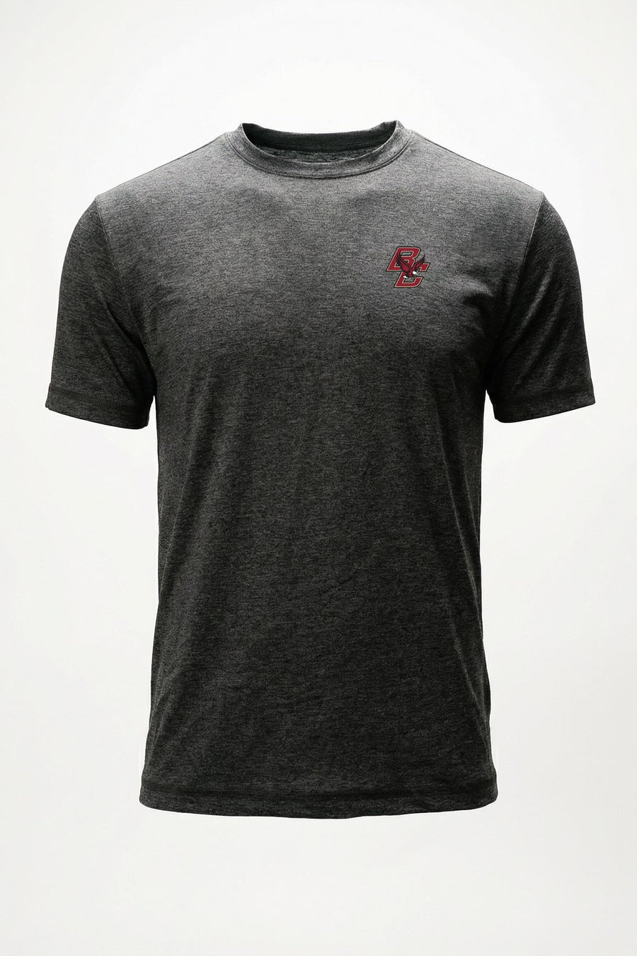 A dark heather gray short-sleeve crewneck t-shirt featuring a small  logo on the left chest, displayed on a clean white background.