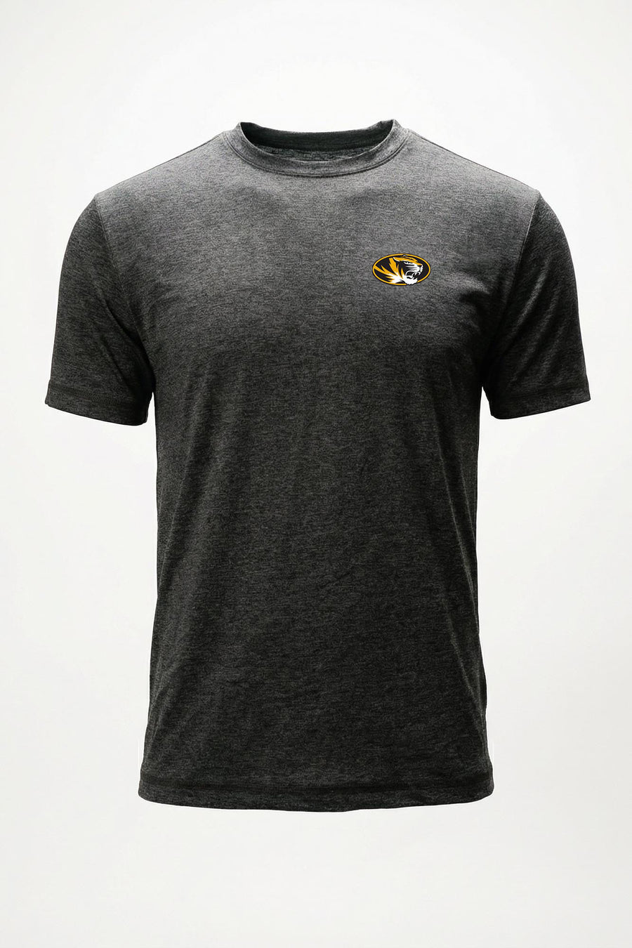 A dark heather gray short-sleeve crewneck t-shirt featuring a small Missouri Tigers logo on the left chest, displayed on a clean white background.