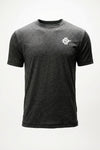 A dark heather gray short-sleeve crewneck t-shirt with a small white 'SDSU' logo on the left chest, displayed on a clean white background.