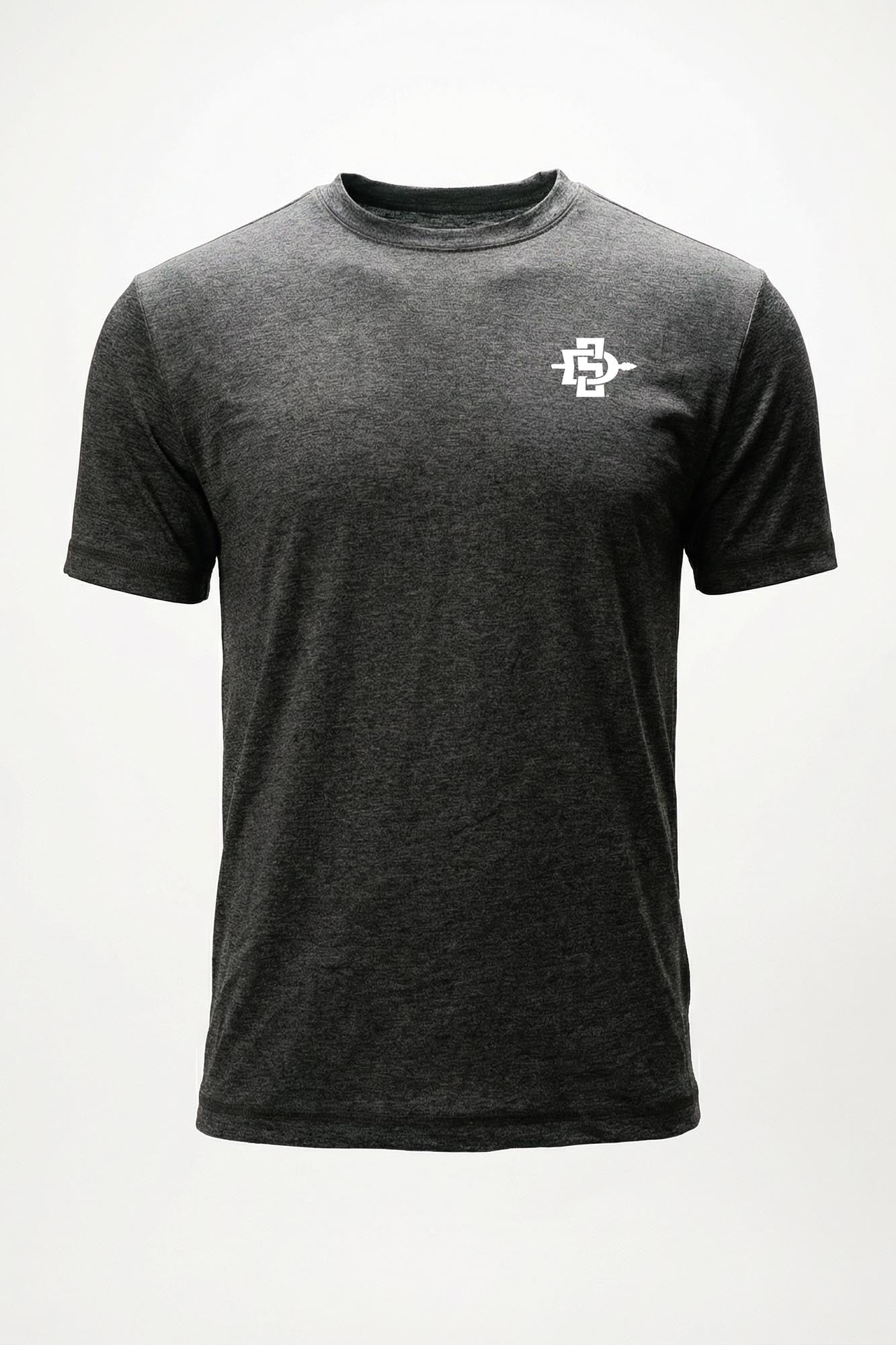 A dark heather gray short-sleeve crewneck t-shirt with a small white 'SDSU' logo on the left chest, displayed on a clean white background.