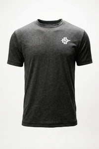 A dark heather gray short-sleeve crewneck t-shirt with a small white 'SDSU' logo on the left chest, displayed on a clean white background.