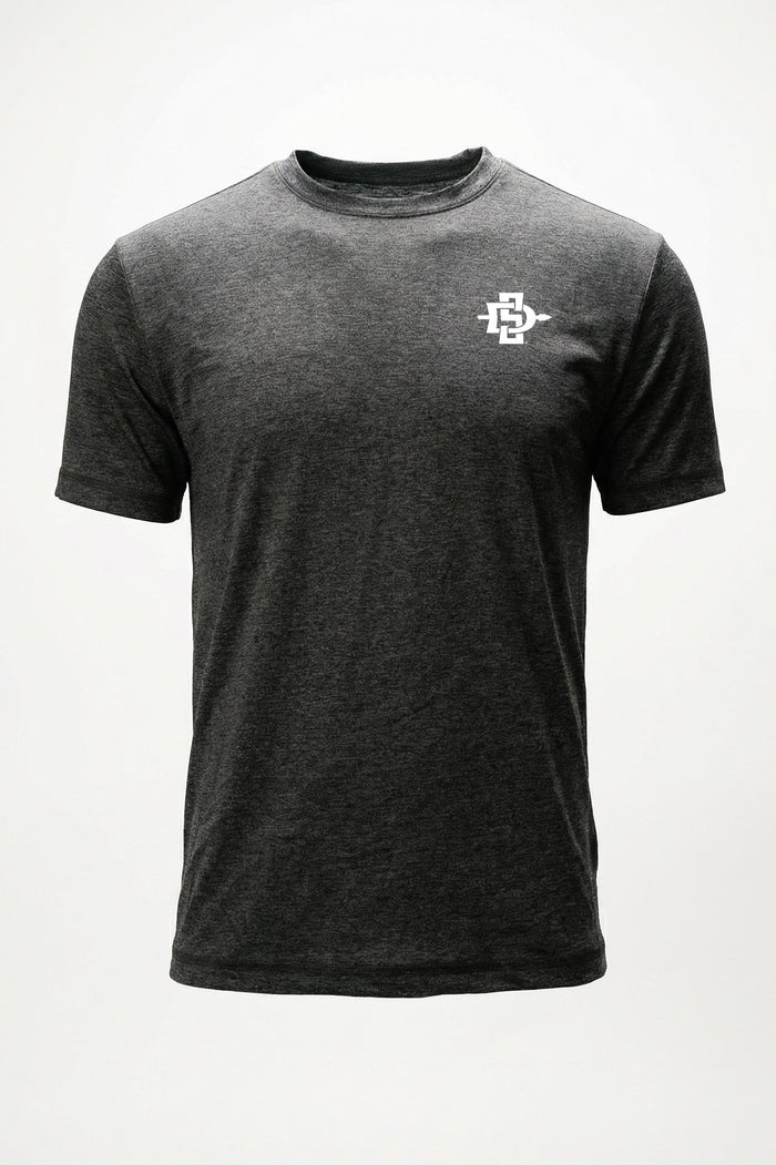 A dark heather gray short-sleeve crewneck t-shirt with a small white 'SDSU' logo on the left chest, displayed on a clean white background.