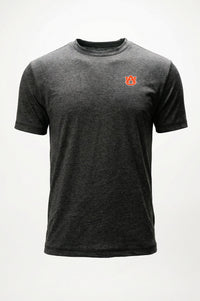 A dark gray heather short-sleeve crewneck t-shirt with a small logo on the left chest, displayed on a clean white background.
