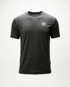 A dark heather gray short-sleeve crewneck t-shirt with a small white circular logo on the left chest, displayed on a clean white background.