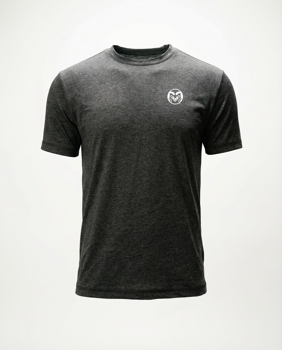 A dark heather gray short-sleeve crewneck t-shirt with a small white circular logo on the left chest, displayed on a clean white background.