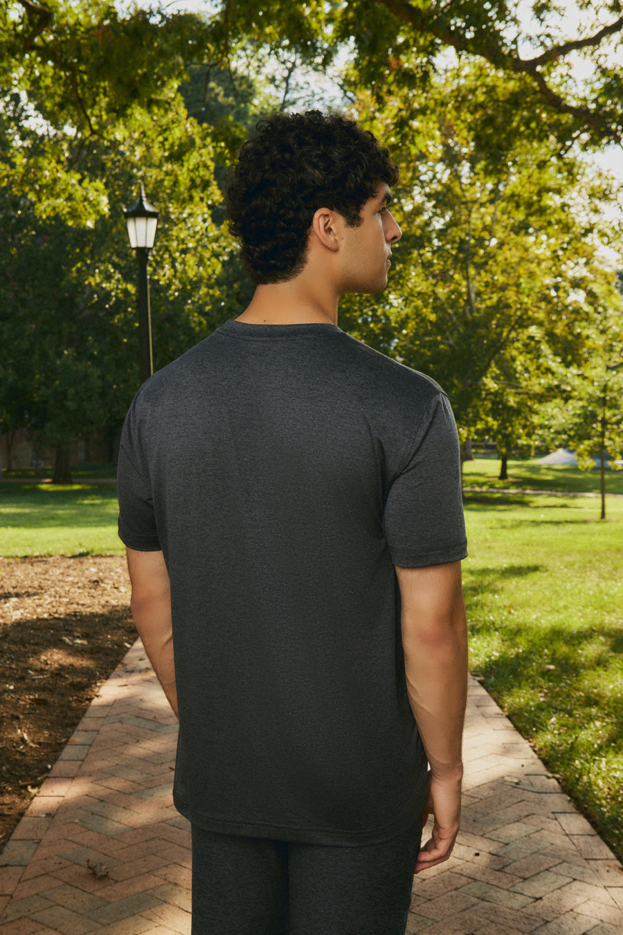 A man viewed from behind wearing a dark charcoal gray short-sleeve t-shirt and matching dark pants, standing on a brick pathway in a sunny park with green trees and grass.
