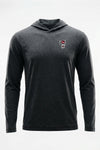 A dark heather gray hooded long-sleeve shirt with a small graphic on the left chest, displayed on a clean white background.