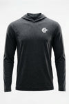A dark heather gray hooded long-sleeve shirt with a small white logo on the left chest, displayed on a clean white background.