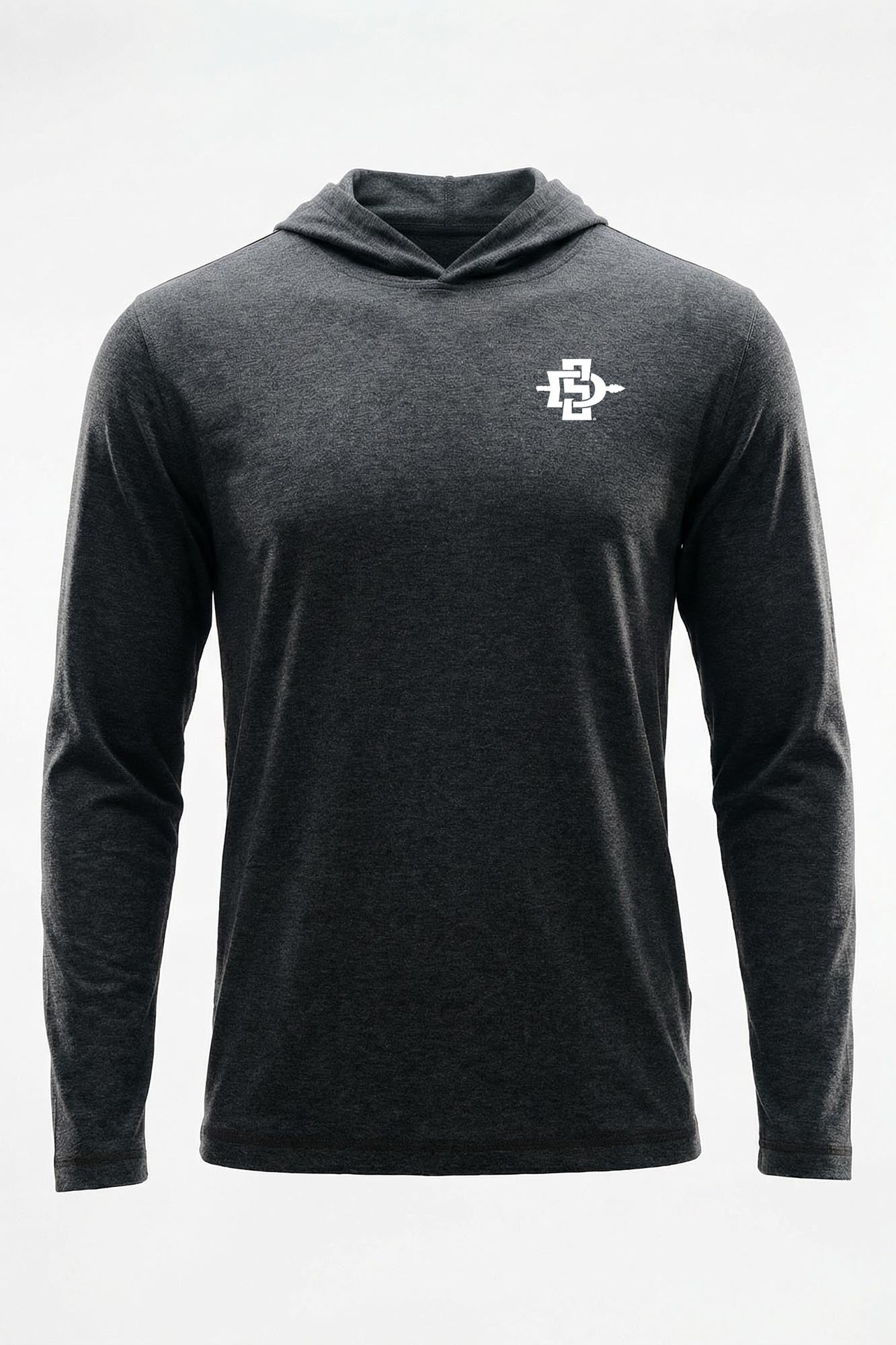 A dark heather gray hooded long-sleeve shirt with a small white logo on the left chest, displayed on a clean white background.