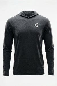 A dark heather gray hooded long-sleeve shirt with a small white logo on the left chest, displayed on a clean white background.