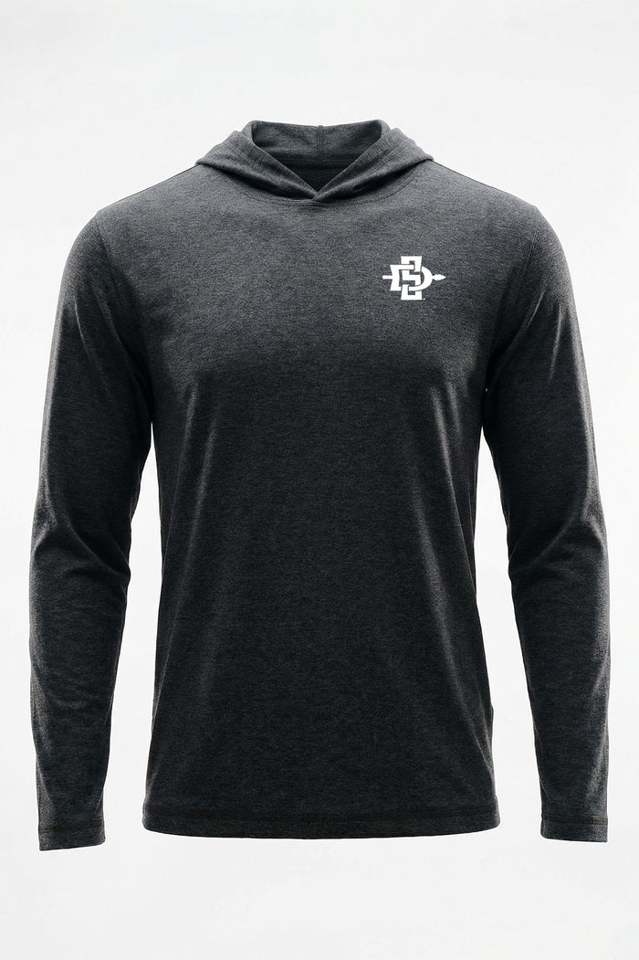 A dark heather gray hooded long-sleeve shirt with a small white logo on the left chest, displayed on a clean white background.