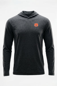 A dark heather gray hooded long-sleeve shirt with a small orange and blue Auburn Tigers logo on the left chest, displayed on a clean white background.