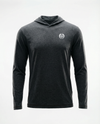 A dark heather gray long-sleeve hooded shirt with a small white circular logo on the left chest, displayed on a clean white background.