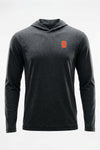 A dark heather gray hooded long-sleeve shirt with a small orange letter 'S' logo on the left chest, displayed on a clean white background.