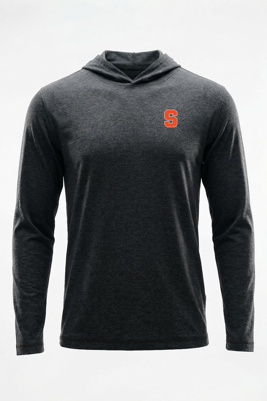 A dark heather gray hooded long-sleeve shirt with a small orange letter 'S' logo on the left chest, displayed on a clean white background.