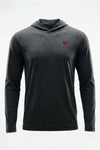 A dark heather gray long-sleeve hooded shirt with a small red logo on the left chest, shown against a plain white background.
