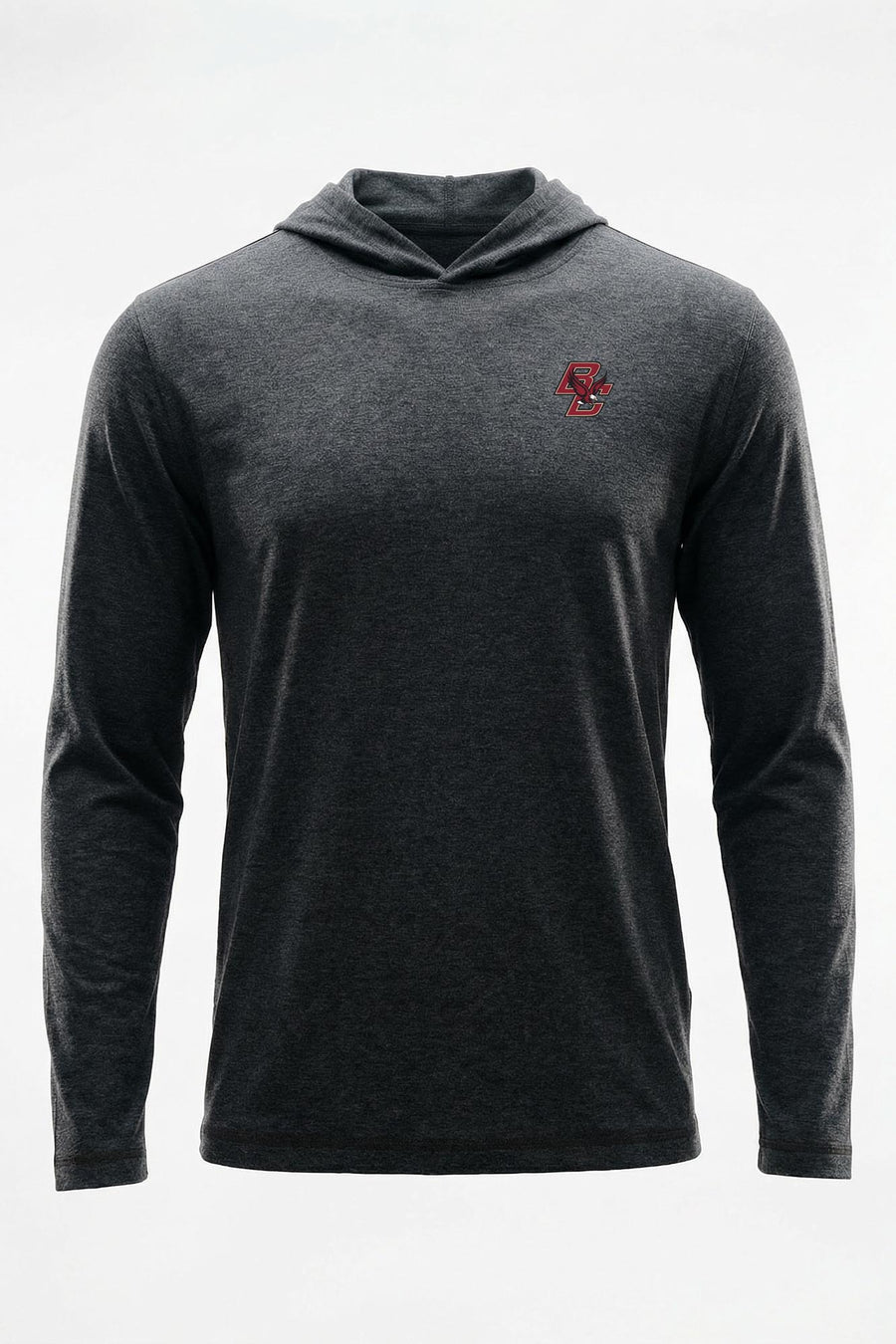A dark heather gray long-sleeve hooded shirt with a small red logo on the left chest, shown against a plain white background.