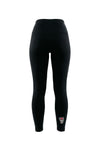 Black high-waisted leggings with a small red, white, and black graphic logo on the lower left leg, shown against a plain white background.