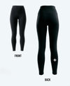 Black high-waisted leggings shown from the front and back on a light gray background, with the back view featuring a small white circular logo near the lower left leg.