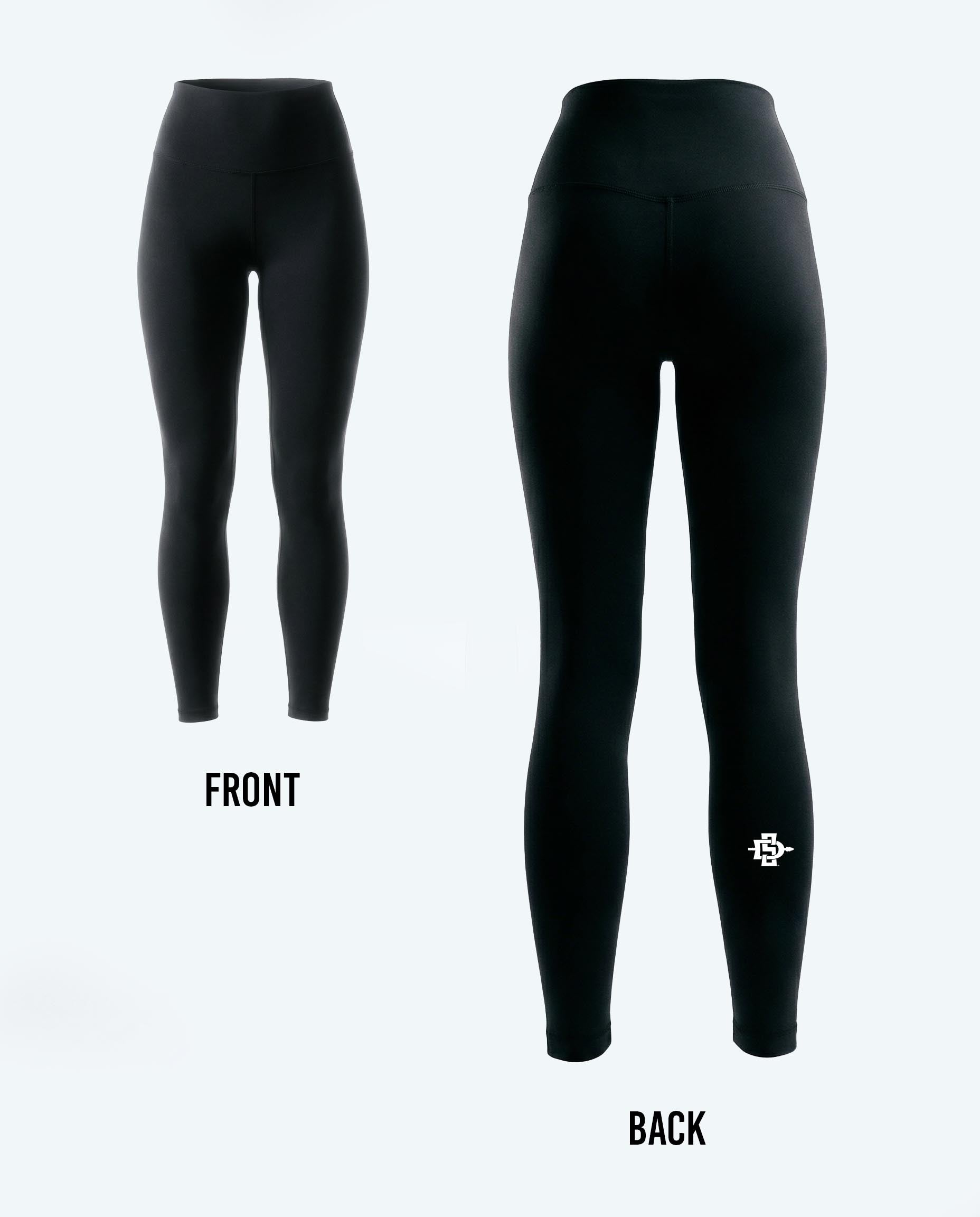 Black high-waisted leggings shown from the front and back on a light gray background, with the back view featuring a small white circular logo near the lower left leg.