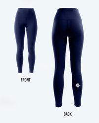 Front and back views of high-waisted navy blue leggings on a light gray background, with 'FRONT' and 'BACK' labels below the respective views.