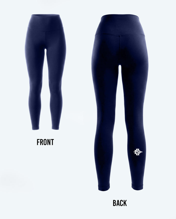 Front and back views of high-waisted navy blue leggings on a light gray background, with 'FRONT' and 'BACK' labels below the respective views.