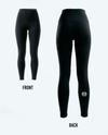 Black high-waisted leggings shown from the front and back on a light gray background, with the back view featuring a small white circular logo near the lower left leg.
