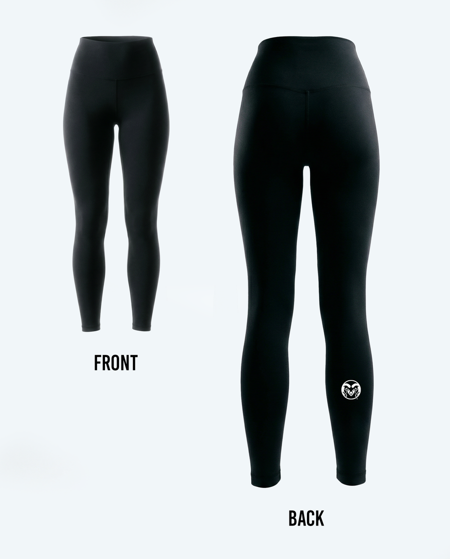 Black high-waisted leggings shown from the front and back on a light gray background, with the back view featuring a small white circular logo near the lower left leg.