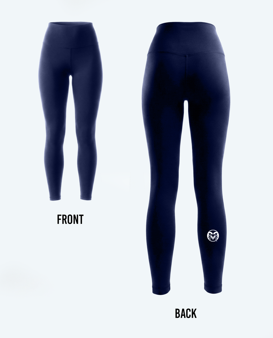 Front and back views of high-waisted navy blue leggings on a light gray background, with 'FRONT' and 'BACK' labels below the respective views.