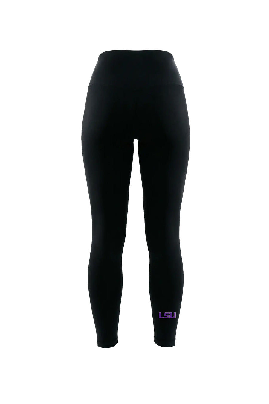 Black high-waisted leggings with a small purple LSU logo on the lower left leg, shown against a plain white background.