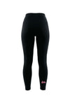 Black high-waisted leggings with a small logo on the lower left leg, shown against a plain white background.
