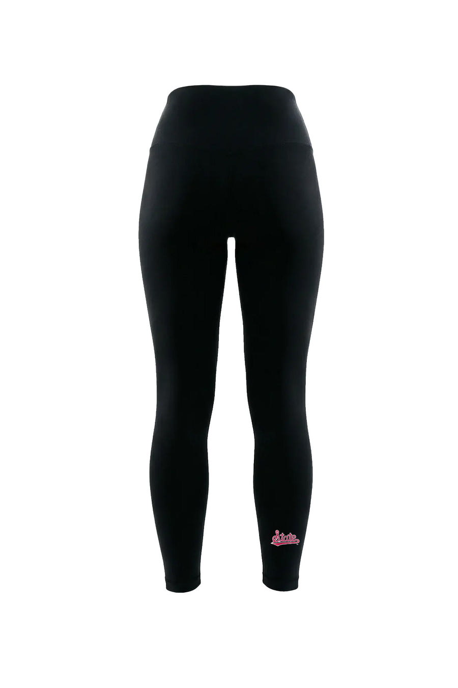 Black high-waisted leggings with a small logo on the lower left leg, shown against a plain white background.