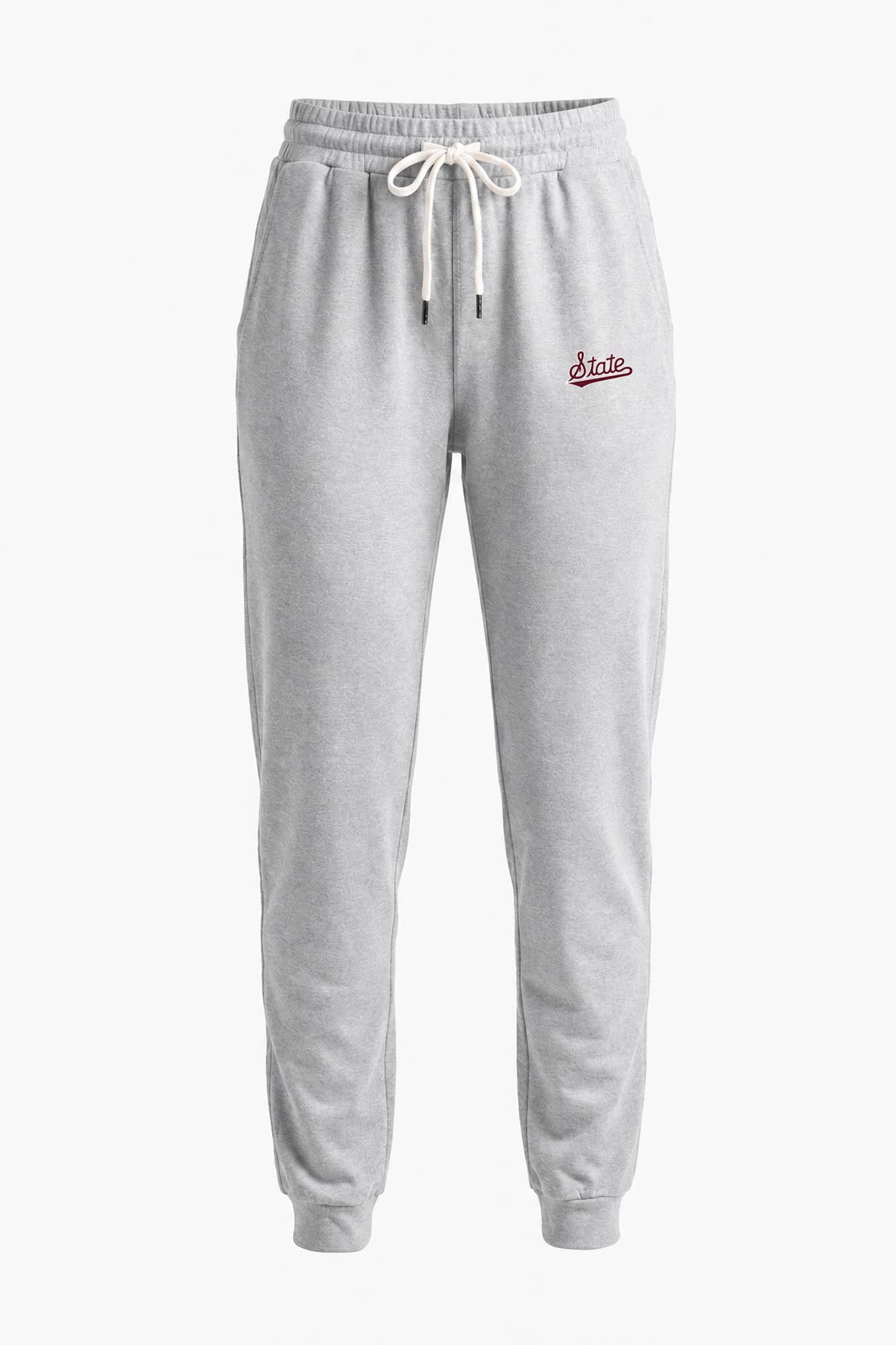 Light gray heather sweatpants with a white drawstring and a small red embroidered logo on the left hip, shown against a plain white background.