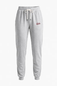Light gray heather sweatpants with a white drawstring and a small red embroidered logo on the left hip, shown against a plain white background.