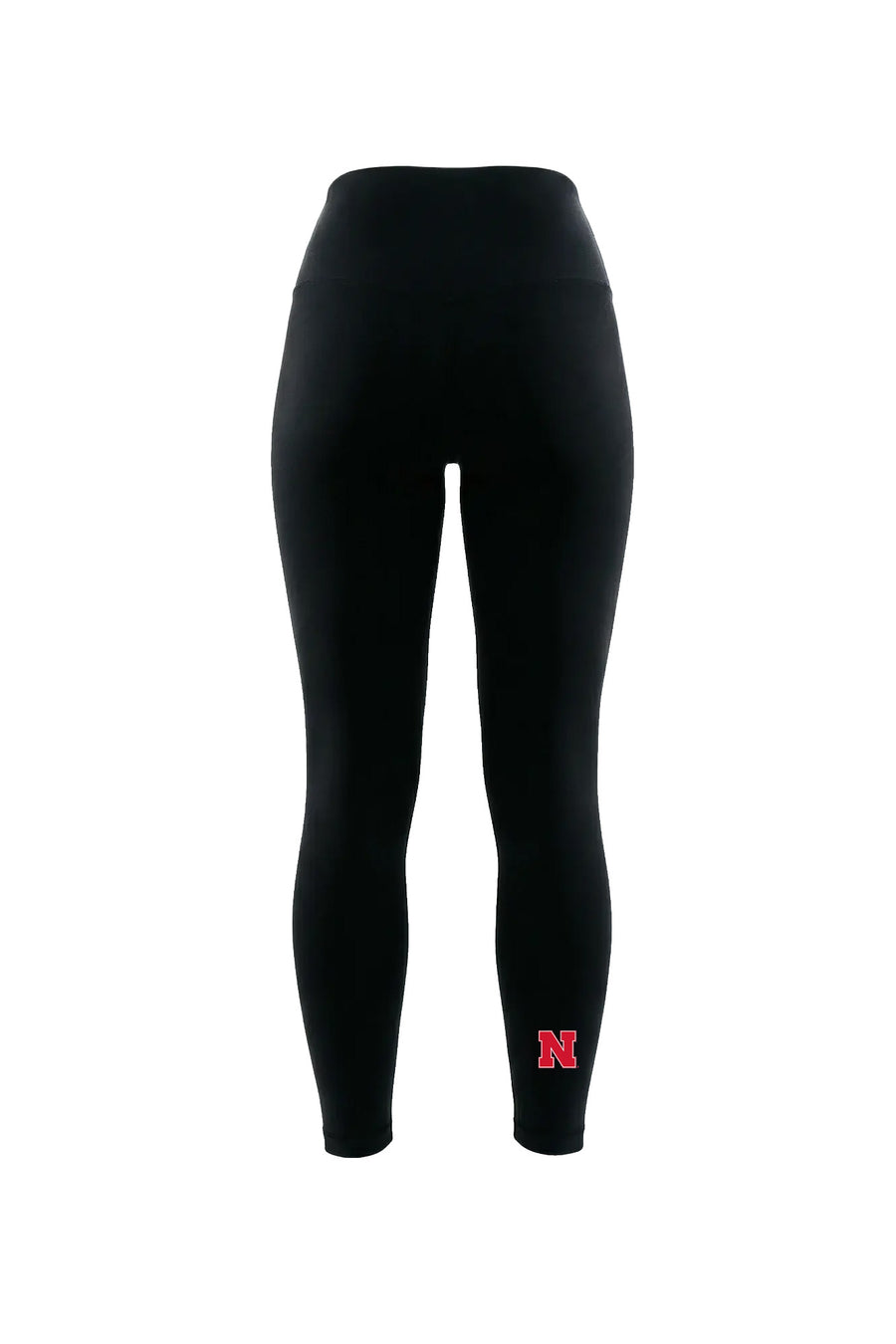 Black high-waisted leggings with a small red letter logo on the lower left leg, shown on a plain white background.