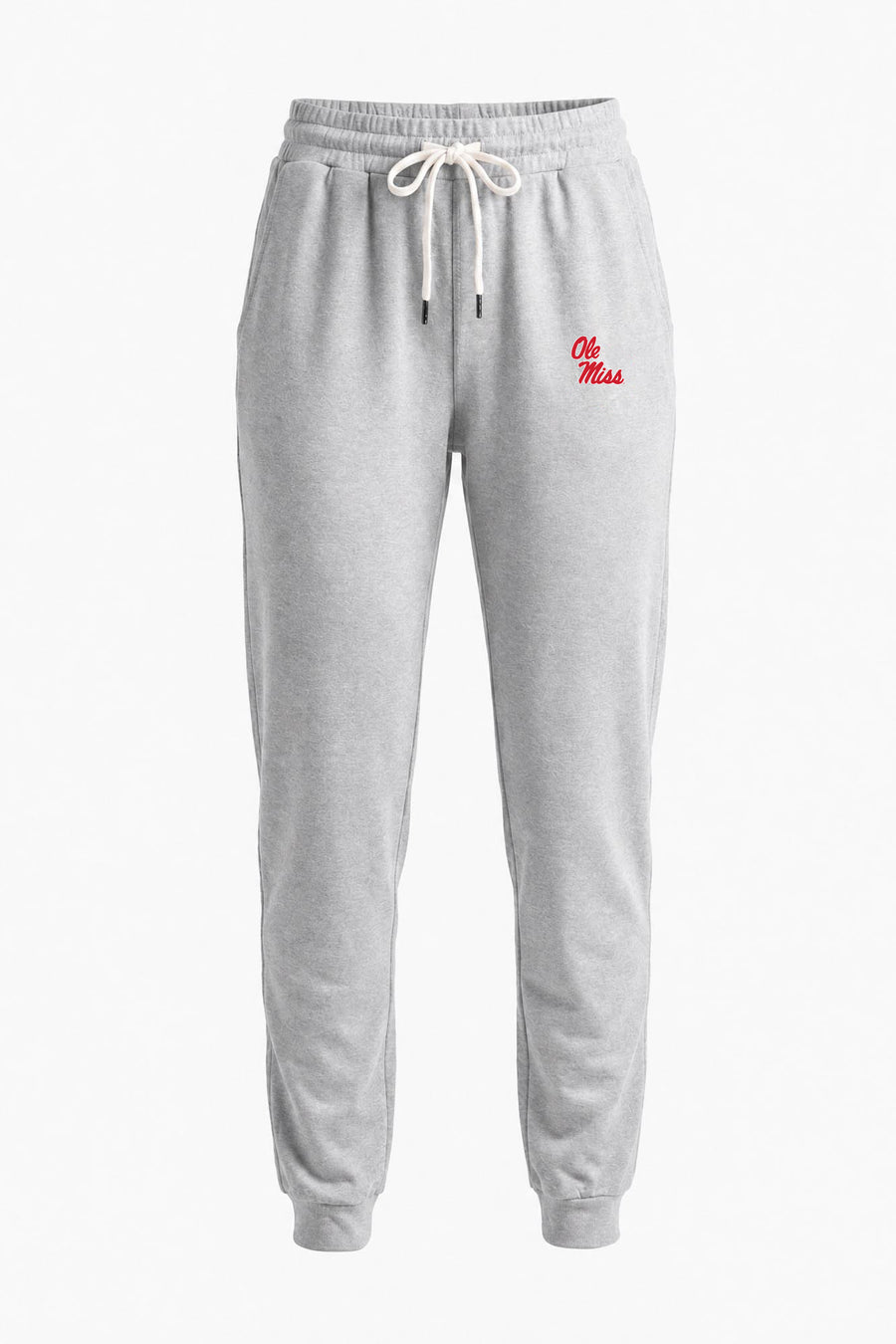 Light gray heather sweatpants with a white drawstring and a small red embroidered logo on the left hip, shown against a plain white background.