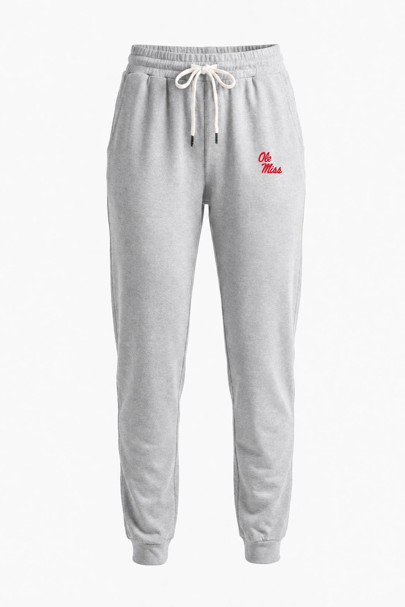Light gray heather sweatpants with a white drawstring and a small red embroidered logo on the left hip, shown against a plain white background.