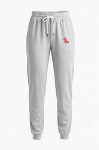Light gray heather sweatpants with a white drawstring and a small red embroidered logo on the left hip, shown against a plain white background.
