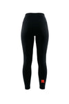 Black high-waisted leggings with a small red letter 'R' logo on the lower left leg, shown on a plain white background.