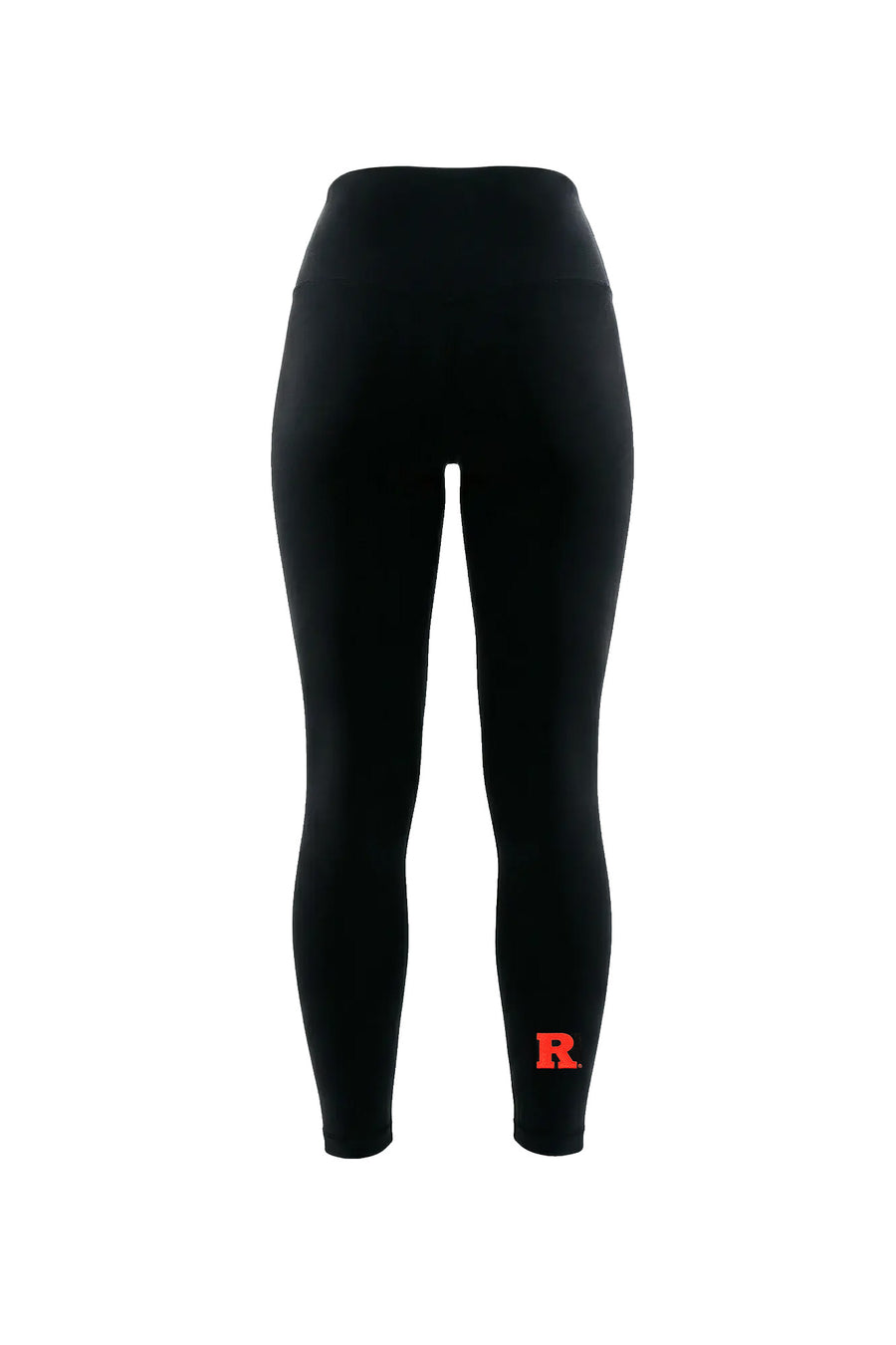 Black high-waisted leggings with a small red letter 'R' logo on the lower left leg, shown on a plain white background.