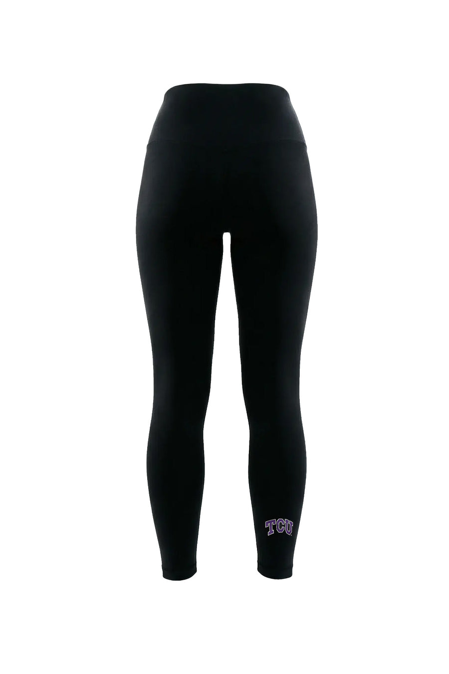Black high-waisted leggings with a small purple and white 'TCU' graphic on the lower left leg, shown against a plain white background.