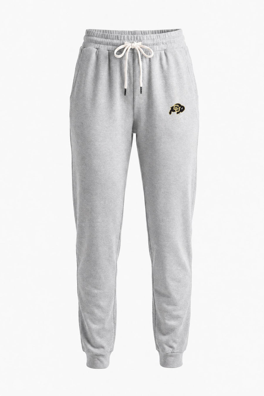 Light heather gray sweatpants with a white drawstring and a green 'BU' logo on the left thigh, shown against a plain white background.