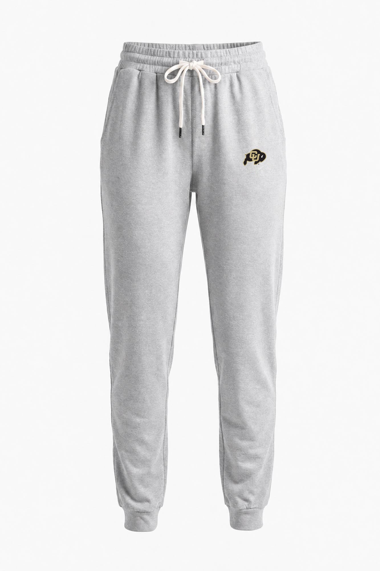 Light heather gray sweatpants with a white drawstring and a green 'BU' logo on the left thigh, shown against a plain white background.