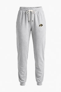 Light heather gray sweatpants with a white drawstring and a green 'BU' logo on the left thigh, shown against a plain white background.